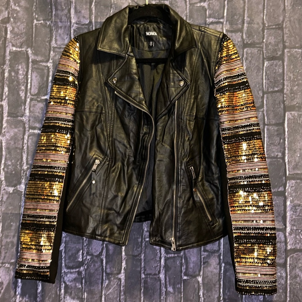 Y2K NWT XOXO MOTO Faux Leather & Sequin Asymmetric Jacket Sz S RARE COUNTRY Glam